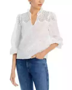 AQUA Eyelet Lace V-Neck Top Women's S White Ruffle Trim Quarter Sleeve Pullover - Picture 1 of 15