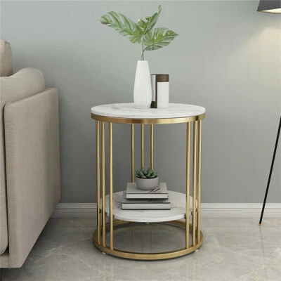 16In Marble End Table Sofa Side 2 Tier Storage Shelf Round Living Room Furniture - Image 1 of 4