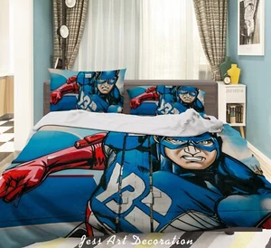 3D Captain America Graffiti Blue Quilt Cover Set Duvet Cover Bedding Pillowcases - Picture 1 of 6