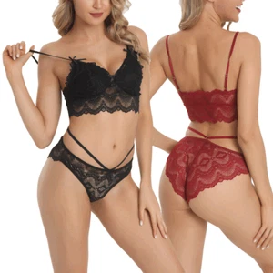 Women Sexy Lingerie Sheer Lace Bra and Panties Set Strappy Underwear 2 Piece - Picture 1 of 21