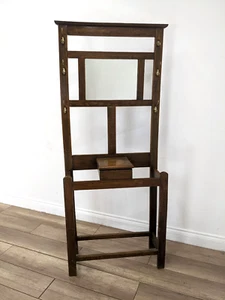 COAT STAND Vintage Oak Hallway Coat Hat Umbrella Mirrored Key Tray FREE DELIVERY - Picture 1 of 21