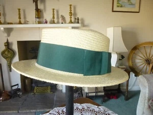 STRAW BOATER WITH GREEN RIBBON SIZE 57/58 - Picture 1 of 3