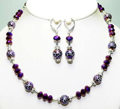 Schmuckset Halskette Ohrringe Perlen Glas Krakelee purple Lila Strass 156b - Bild 1 von 4