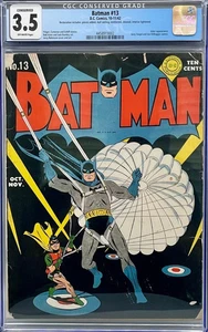 1942 Batman 13 CGC 3.5 Conserved Early Joker Appearance! Great War-time Cover! - Picture 1 of 2