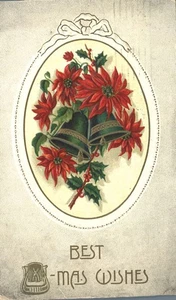 Postal Best Christmas Wishes Poinsettia & Bells 1911 en relieve - Imagen 1 de 2