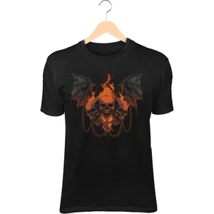 Three-Headed Demon Skull Beast IIII T-Shirt – Bone Wings, Dark Flames - Picture 1 of 2