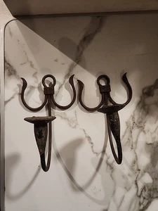Iron 10" Tall Candle Holder Wall Sconce Set of 2 Vintage Pair Patina - Picture 1 of 12
