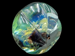 Vtg Signed Robert Eickholt Art Glass Paperweight - Iridescent Blue Green - Picture 1 of 8