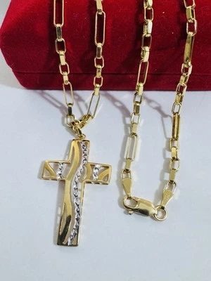 "Collar Cruz Dos Tonos Oro Puro Real Genuino Fino 18K 750 18"" pulgadas 3 mm 6,9 g" Foto 1 de 4