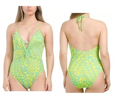 Trina Turk Tropical Trellis Aqua Chartreuse One-Piece Swimsuit 10 NWT MSRP $184 - Image 1 of 4