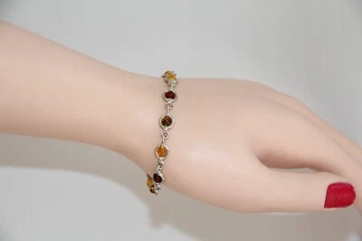 Sterling Silver Tricolor Amber Bracelet. Fabulous Sterling Silver Bezel Set - Image 1 of 4