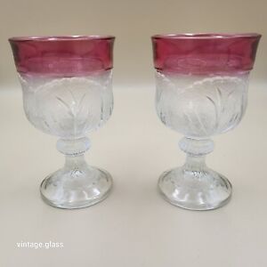 2 Vintage Indiana Glass Ruby Stain Pebble Leaf Footed Glasses MCM