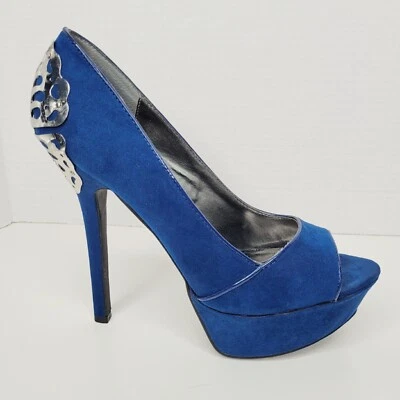 CARLOS Santana SEXY TOO Plata Mariposa Plataforma Tacones de Aguja Azul Gamuza 8.5M Foto 1 de 4