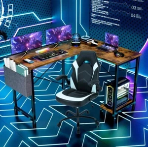 L Shaped Wooden Computer Gaming Desk With Side Storage - Picture 1 of 9