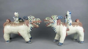 China old 3-color porcelain carved pair lucky child ride kylin dragon statue - Picture 1 of 12