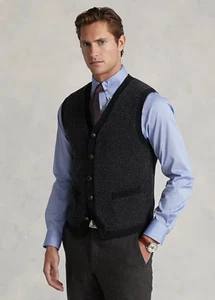 Men's SZ L Polo Ralph Lauren Crowsfoot Wool Sweater Vest Black Grey - Picture 1 of 5