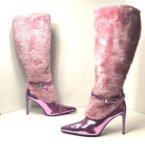 Michael Antonio Vintage Pink Faux Fur Tall Boots Heels Women’s Size 7 US- NEW!!