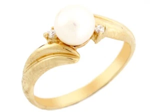 10k or 14k Solid Yellow Gold Freshwater Cultured Pearl & CZ Bypass Ring - Picture 1 of 1