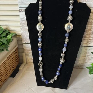Chico’s Silver tone and Blue Beads Necklace 40” Long Can Be Layered beautiful - Picture 1 of 10
