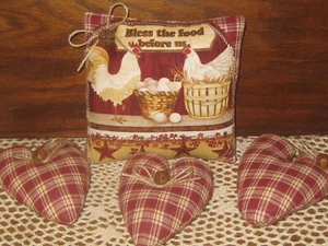 Country Fall Chicken Fabric Sign 3 Rustic Red Hearts Handmade Wreath Accents - Picture 1 of 3