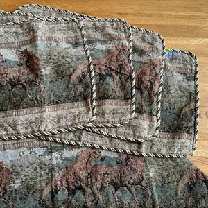 Tapestry Square Tablecloth & 4 Placemats Galloping Horses Western Equestrian EUC - Picture 1 of 7