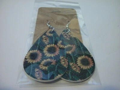 PENDIENTES ESTILO ANZUELO GIRASOL GRANDE CON FONDO NEGRO CUERO DOBLE CARA Foto 1 de 2