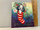 Vtg Christmas Card Spaniel Puppy Dog Red Striped Flocked Stocking Candy Cane d