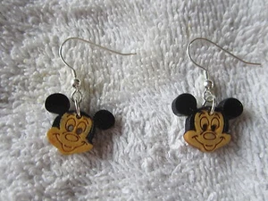 PAIR OF HOMEMADE MICKEY MOUSE EAR RINGS WITH SILVER PLATED FISH HOOK FINDINGS - Picture 1 of 5