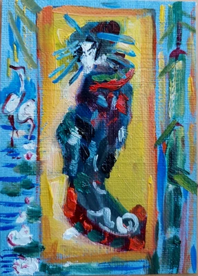 ACEO ORIGINAL oil painting - Courtesan Vincent Van Gogh 2.5x3.5 in MK - Image 1 of 4