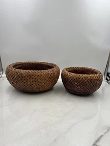 Handwoven Rattan Bamboo Wicker Basket Bowl Set Pair Nesting Boho Decor Round - Picture 1 of 16