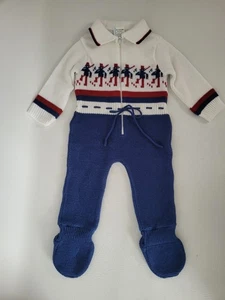 Vtg 12 Months Knit Baby Long Sleeve Zipper Footed Sweater Romper Red White Blue - Picture 1 of 10