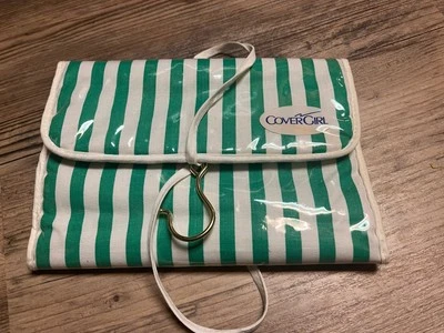 CoverGirl Green Striped PVC Logo Hanging Tie Jewelry Makeup Travel Bag PreOwned - Image 1 of 4