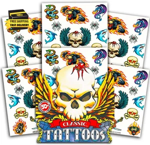 American Traditional Temporary Tattoos Set Kids Adults - 50 Bold Classic Tattoos - Picture 1 of 2
