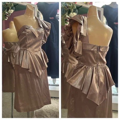 Mini Vestido Vintage Años 80 Satén Líquido Cóctel Rosa Malva Un Hombro XS Foto 1 de 4