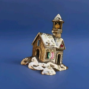 Broche de iglesia nevado vintage tono dorado con piedras preciosas de imitación pedrería Estate  - Imagen 1 de 3