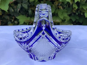 VINTAGE BOHEMIA COBALT BLUE TRADITIONAL 24% LEAD HAND CUT CRYSTAL BASKET 6" - Picture 1 of 6