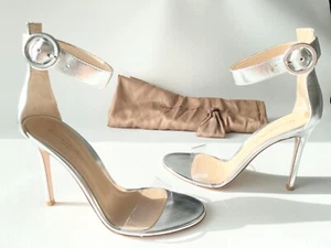 Gianvito Rossi Portofino 105 SILVER LEATHER Strappy PVC Sandals Pumps 37.5 - Picture 1 of 12