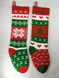 De Colección Par de Medias Tejidas Verde Rojo Navidad 19" Copo de Nieve Isla Feria Árbol Corazón - Imagen 1 de 8