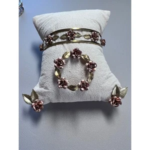 3pc Krementz Gilded Jewelry Set: Gold Cuff, Brooch,/Pin, Clip Earrings - Picture 1 of 19