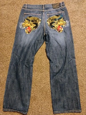 Mens Christian Audigier Ed Hardy Tiger Denim Grunge Jeans 40x34 Skater Distresse - Image 1 of 4