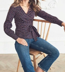BODEN Belle Wrap blouse size 10 reg navy blue rainbow print colour W0280 -B 1A - Picture 1 of 6