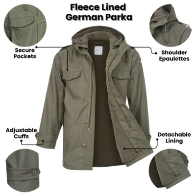 German Parka Army Military Style NATO Hooded Jacket Warm Lined Field Coat Olive - Image 1 of 4