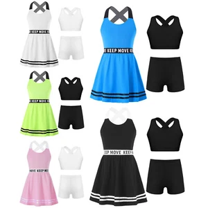 Kids Girls Sports Crisscross Dress And Shorts Cross Keyhole Back Vest Crop Tops - Picture 1 of 40