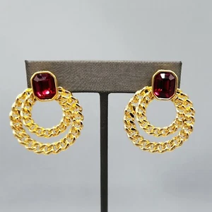 Swarovski Swan Ruby Red Octagon Gold Plated Door Knocker Dangle Post Earrings - Picture 1 of 9