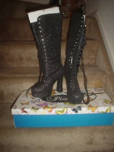 PLEASER ELECTRA GLITZER SCHNÜRSTIEFEL KNIEHOHE PLATEAU HIGH HEEL GR. 7.5 - NEU - Bild 1 von 5