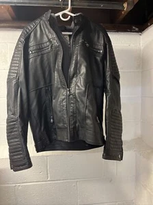 American Culture Men's Washed Faux Leather Jacket with Fleece Zip Out Hooded Bib - Picture 1 of 11