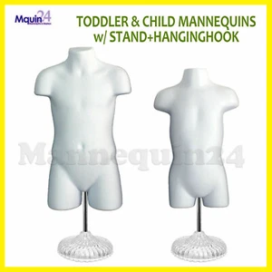 Child & Toddler Torso Dress Form Mannequin Set WHITE Kids w/2 Stands + 2 Hangers - Picture 1 of 8