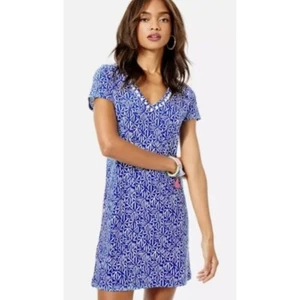 Lilly Pulitzer Etta Easy Peasey V-Neck Pom Pom Dress Corisca Blue Size Small - Imagen 1 de 12