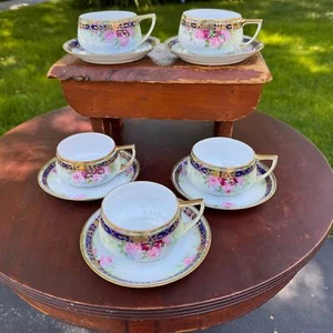 Cinco tazas y platillos de té de oro levantados rosa col japonesa nipón pintados a mano - Imagen 1 de 8