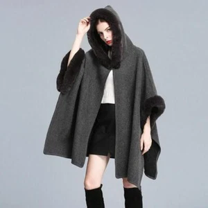 Women Oversized Hooded Cape Jacket Loose Cardigan Solid Color One Button Casual - Picture 1 of 19